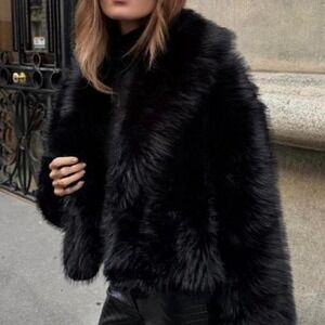 Black Solid Faux Fur Collar Coat  Jacket XS new